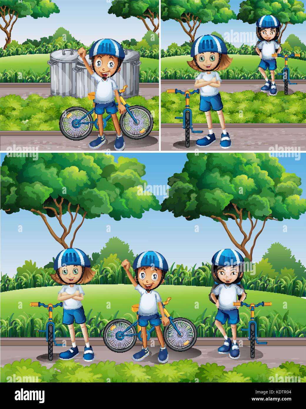 Boys and girls riding bike in garden illustration Stock Vector Image ...