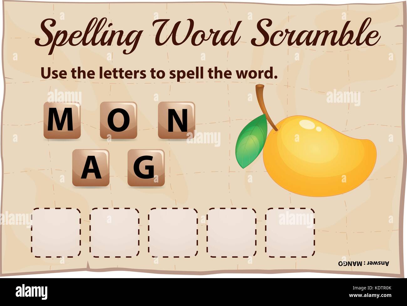 Spelling word scramble for word mango illustration Stock Vector Image