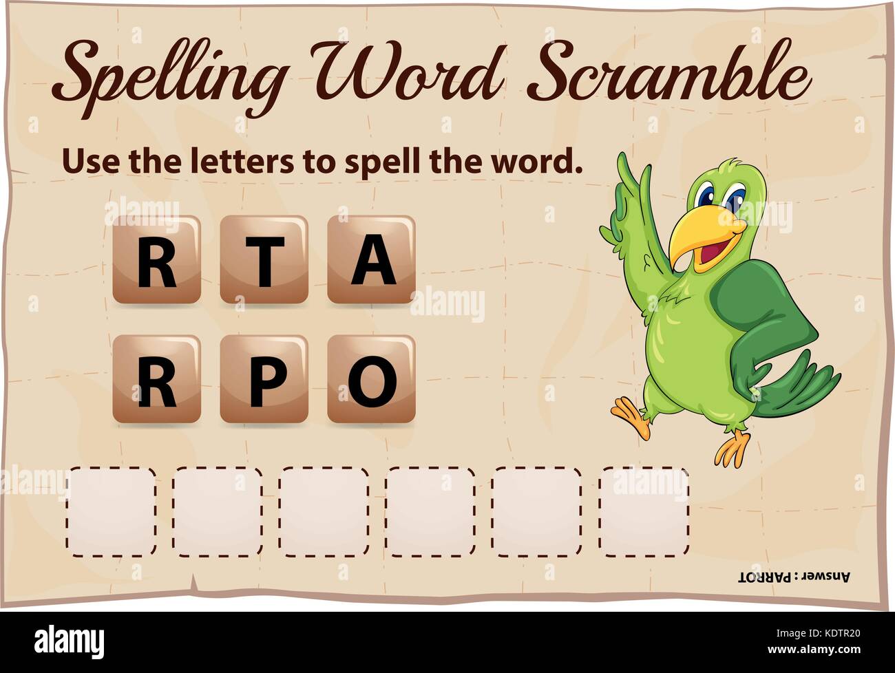 Word Rample Games Spelling word scramble game with word parrot illustration Stock Vector ...