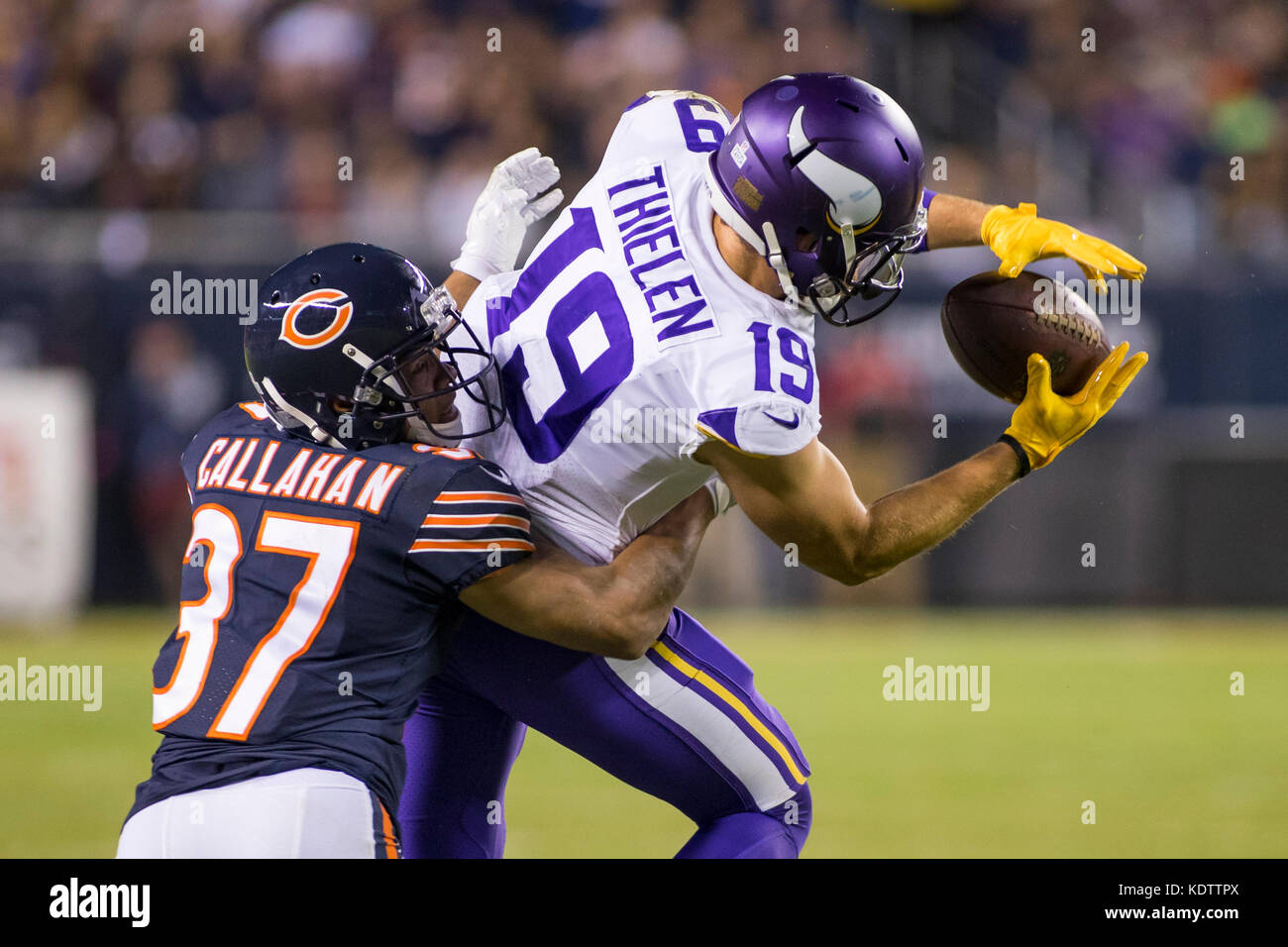 Chicago, Illinois, USA. 09th Oct, 2017. - Bears #37 Bryce Callahan and Vikings #19 Adam Thielen in action during the NFL Game between the Minnesota Vikings and Chicago Bears at Soldier Field in Chicago, IL. Photographer: Mike Wulf Credit: csm/Alamy Live News Stock Photo