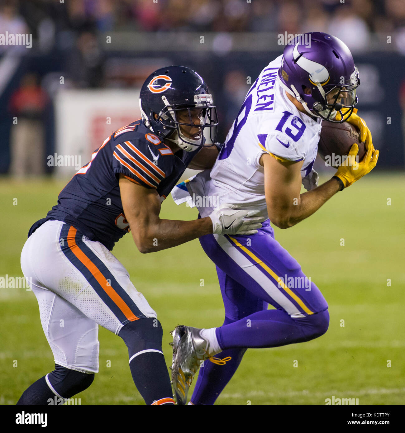 Chicago, Illinois, USA. 09th Oct, 2017. - Bears #37 Bryce Callahan and Vikings #19 Adam Thielen in action during the NFL Game between the Minnesota Vikings and Chicago Bears at Soldier Field in Chicago, IL. Photographer: Mike Wulf Credit: csm/Alamy Live News Stock Photo