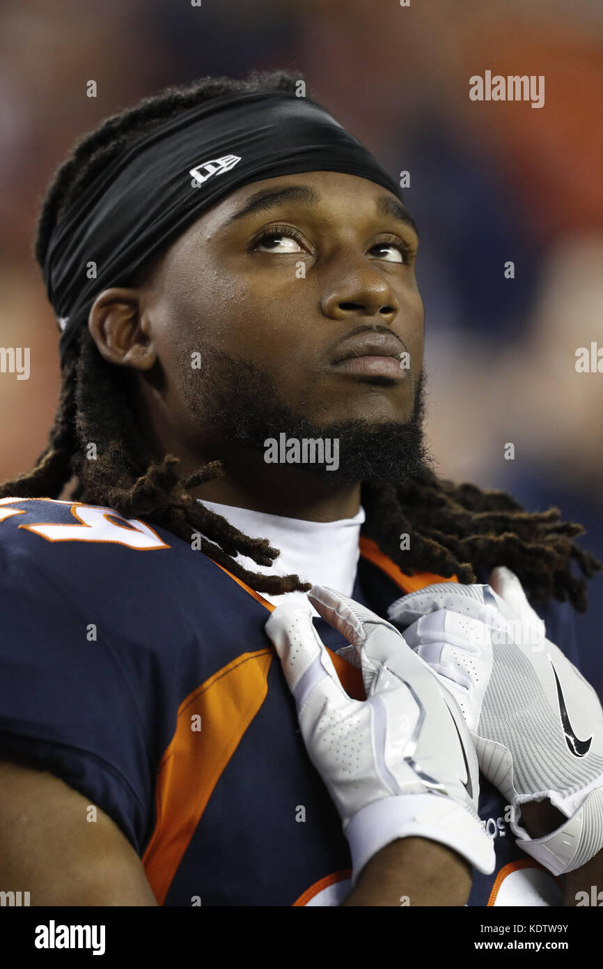 Denver, Colorado, USA. 15th Oct, 2017. Broncos CB BRADLEY ROBY looks on during the singing of the Natl. Anthem during the 1st Half at Sports Authority Field at Mile High Sunday. night. The Giants beat the Broncos 23-10. Credit: Hector Acevedo/ZUMA Wire/Alamy Live News Stock Photo