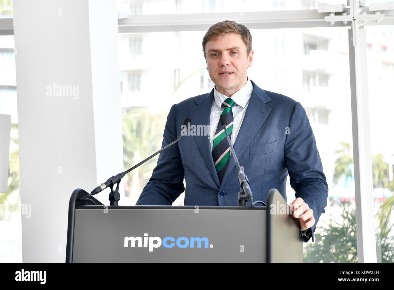 (171016) -- CANNES, Oct. 16, 2017 (Xinhua) -- Mikhail Mamonov, Managing Director of International Trade Promotion of Russian Export Center, addresses the inauguration ceremony of the 2017 MIPCOM in Cannes, France on Oct. 16, 2017. The four-day 2017 MIPCOM (International Market of Communications Programmes) kicked off on Monday. (Xinhua/Chen Yichen) (lrz) Stock Photo