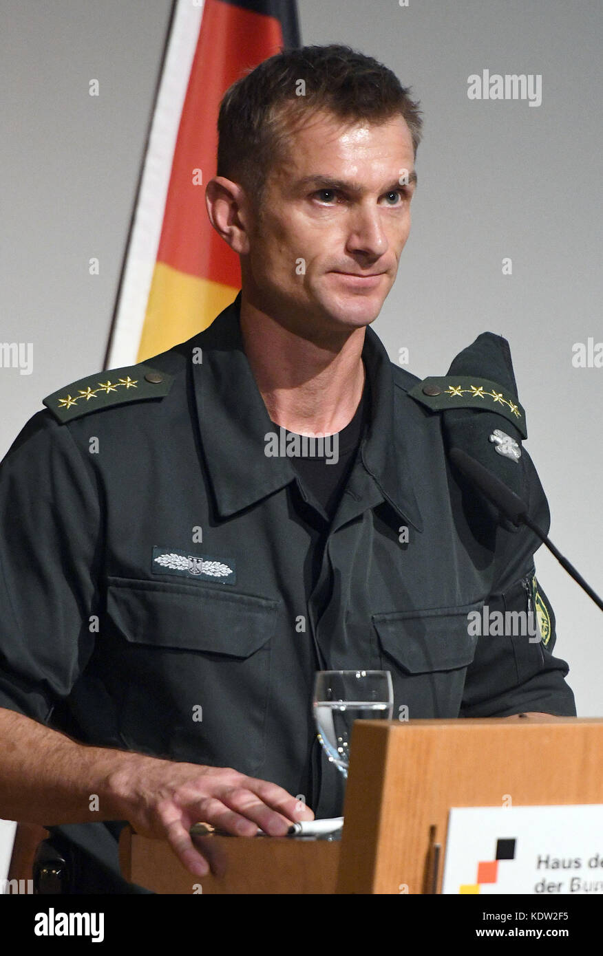 The commander of the GSG 9, Jerome Fuchs, speaks on stage during the  ceremony of the elite Police Tactical Unit GSG 9 of the German Federal  Police on the occasion of the