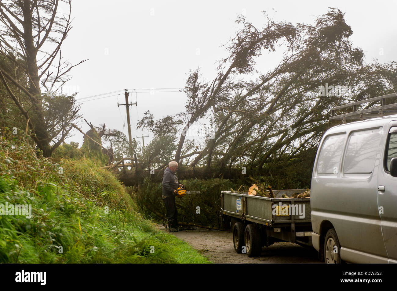 Schull, Ireland 16th Oct, 2017. Ex-Hurricane Ophelia caused widespread structural damage when she hit Ireland on Monday. Local volunteers clear a fallen tree near Schull. Credit: AG News/Alamy Live News. Stock Photo