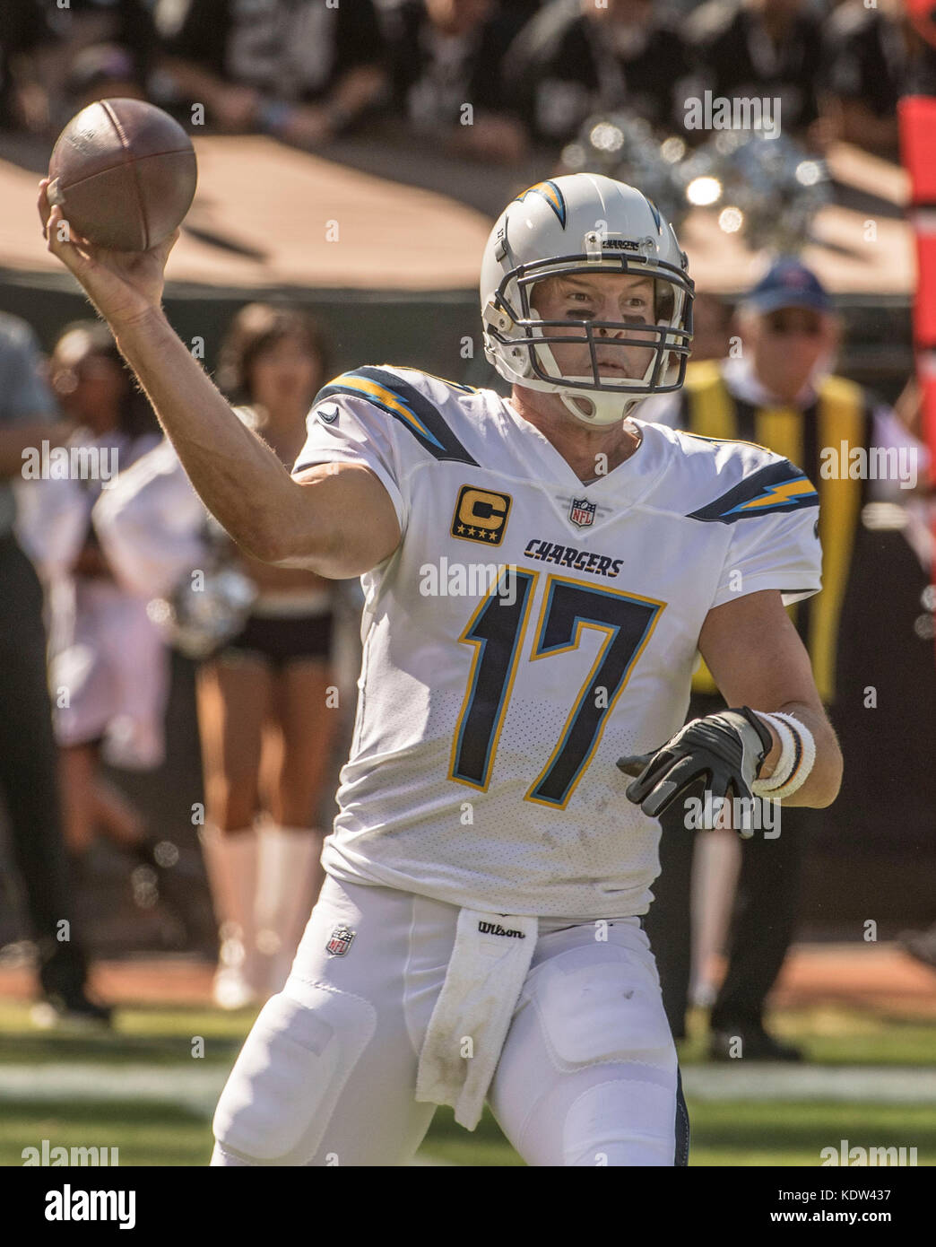 Oakland, California, USA. 15th Oct, 2017. Los Angeles Chargers quarterback Philip Rivers (17) fires pass downfield on Sunday, October 15, 2017, at Oakland-Alameda County Coliseum in Oakland, California. The Chargers defeated the Raiders 17-16. Al Golub/CSM/Alamy Live News Stock Photo