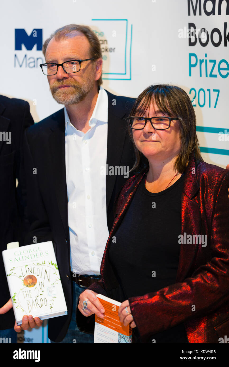 London, UK. 16th October, 2017. (From left) George Saunders, author of Lincoln in the Bardo, and Ali Smith, author of Autumn, both shortlisted for the 2017 Man Booker Prize for Fiction. Credit: Dave Stevenson/Alamy Live News Stock Photo