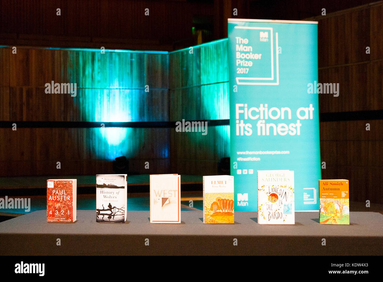 London, UK. 16th October, 2017. The shortlisted books for the 2017 Man Booker Prize for Fiction lined up ahead of the announcement of the winner. Credit: Dave Stevenson/Alamy Live News Stock Photo