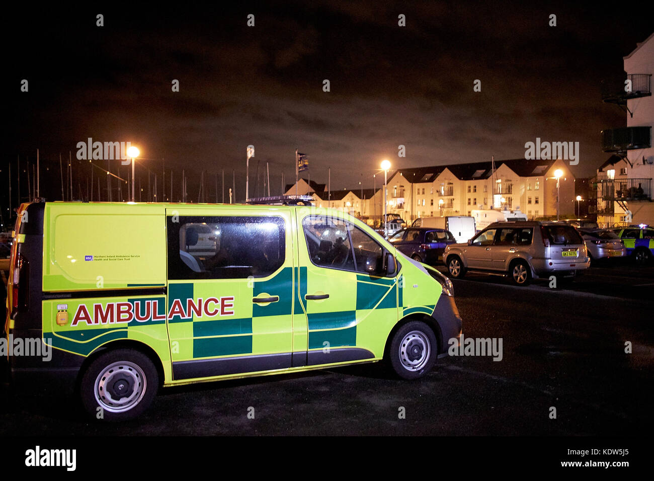 Carrickfergus, Northern Ireland. 16th Oct, 2017. Emergency services ready at Rodgers Quay apartments as the storm surge from Storm Ophelia hits at high tide Carrickfergus, County Antrim, Northern Ireland, UK. 16th October 2017 Credit: Radharc Images/Alamy Live News Stock Photo