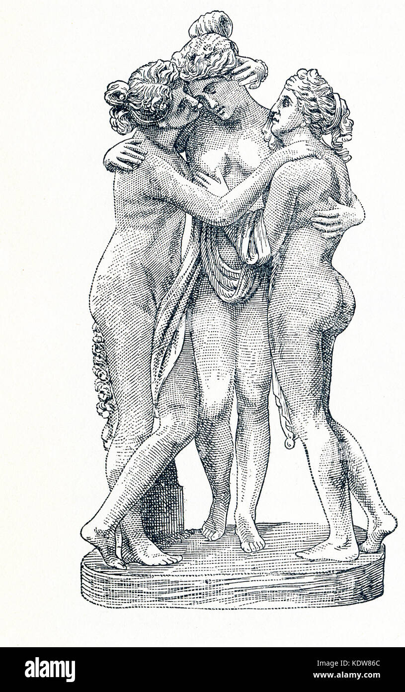 This illustration dates to 1898 and shows the Three Graces statue by the 19th-century Italian sculptor Antonio Canova in the Vatican Museum. The ancient Greeks and Romans honored them as the goddesses of charm, beauty, and creativity. The Greeks called them the Charites; the Romans called the the Gratiae. Stock Photo