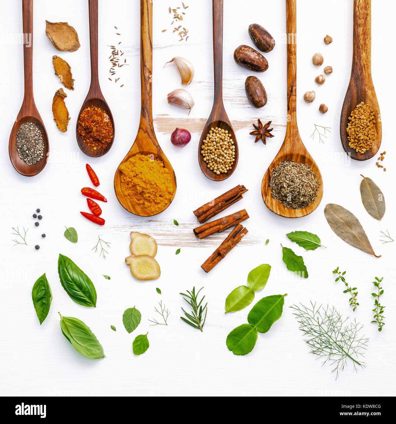 Various herbs and spices in wooden spoons. Flat lay of spices