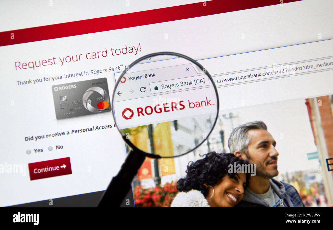 MONTREAL, CANADA - OCTOBER 12, 2017: Web page of Canadian bank Rogers Bank. Rogers Bank is a Canadian financial services company wholly owned by Roger Stock Photo
