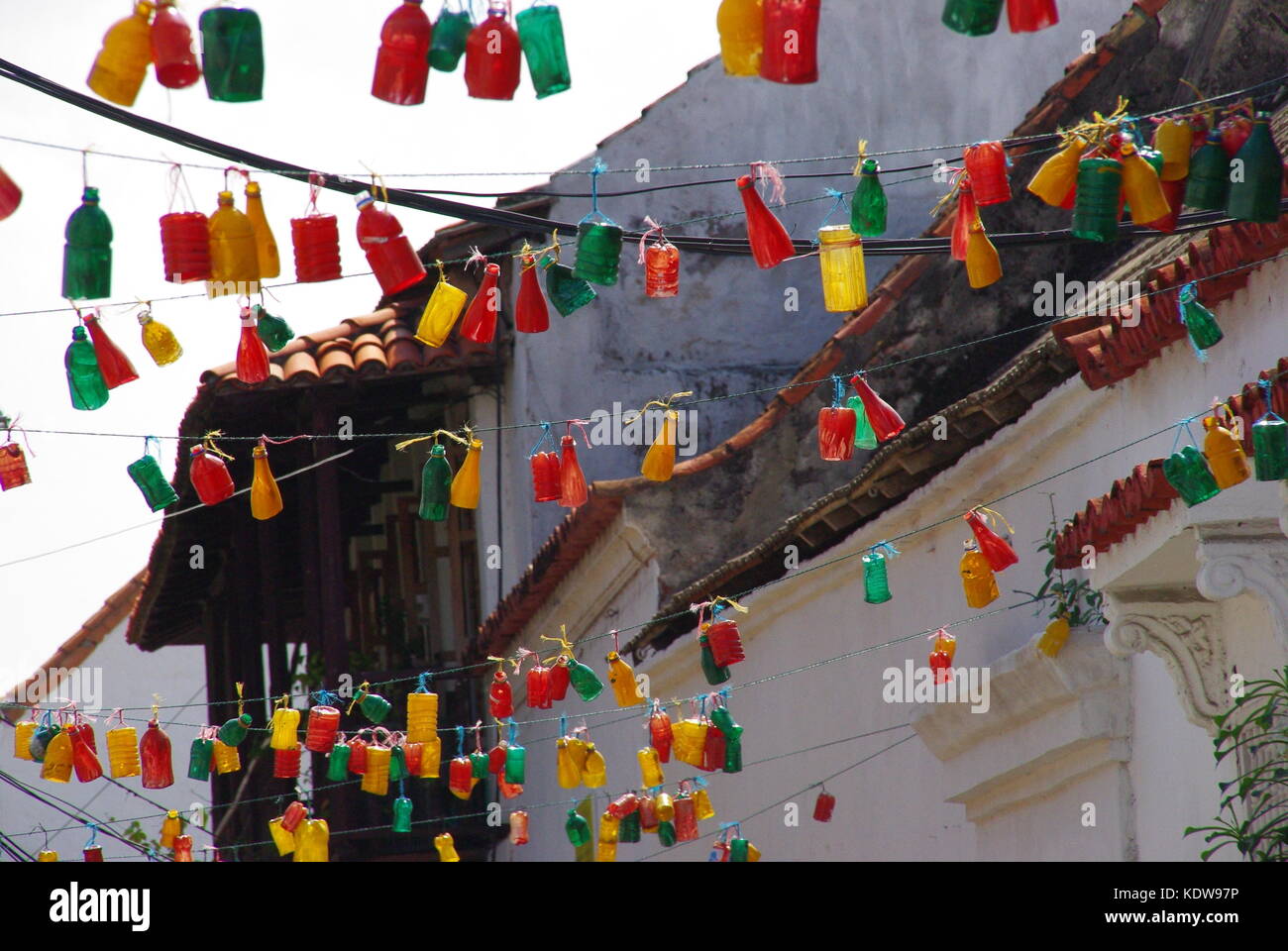 Recycled Plastic Bottles used as Street Decorations, Cartagena Stock Photo