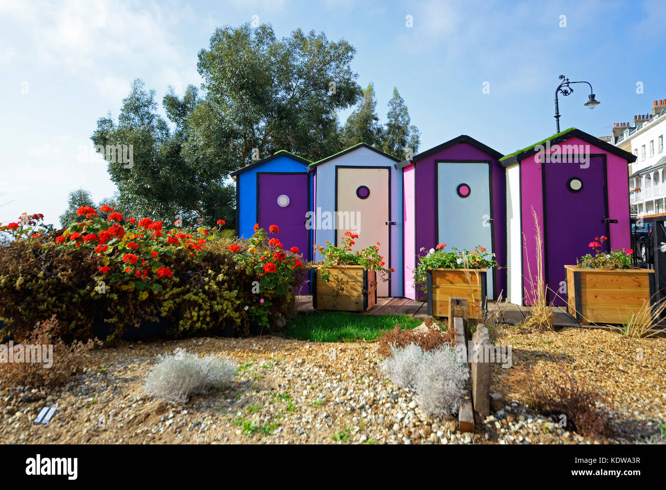 Southend Young Offenders Hampton Court Palace Flower Show exhibit on display in Southend on Sea, Essex. Beach huts Stock Photo