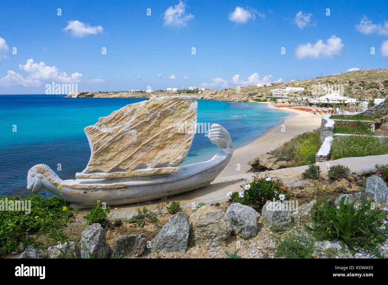 Replika of a ancient ship, Paradise beach, Mykonos Stock Photo