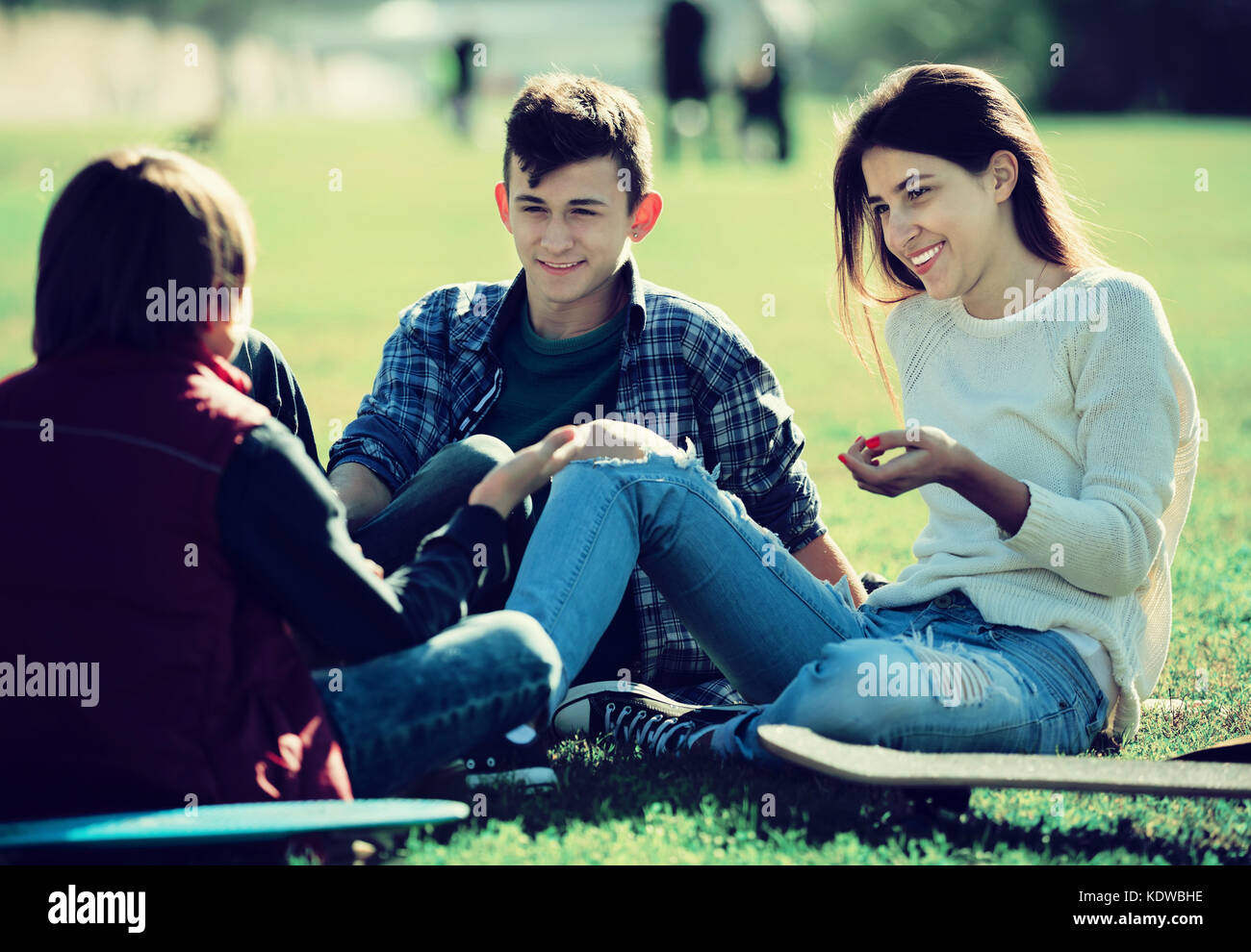 Group of teenage friends chatting and having fun outdoor Stock Photo ...