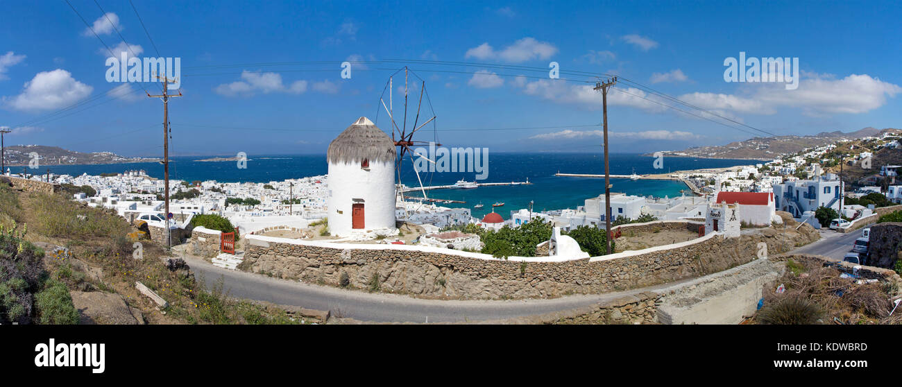 Panorama-Aufnahme, Blick auf Mykonos-Stadt, Windmuehle, Mykonos, Kykladen, Aegaeis, Griechenland, Mittelmeer, Europa | Panoramic view on Mykonos-town, Stock Photo