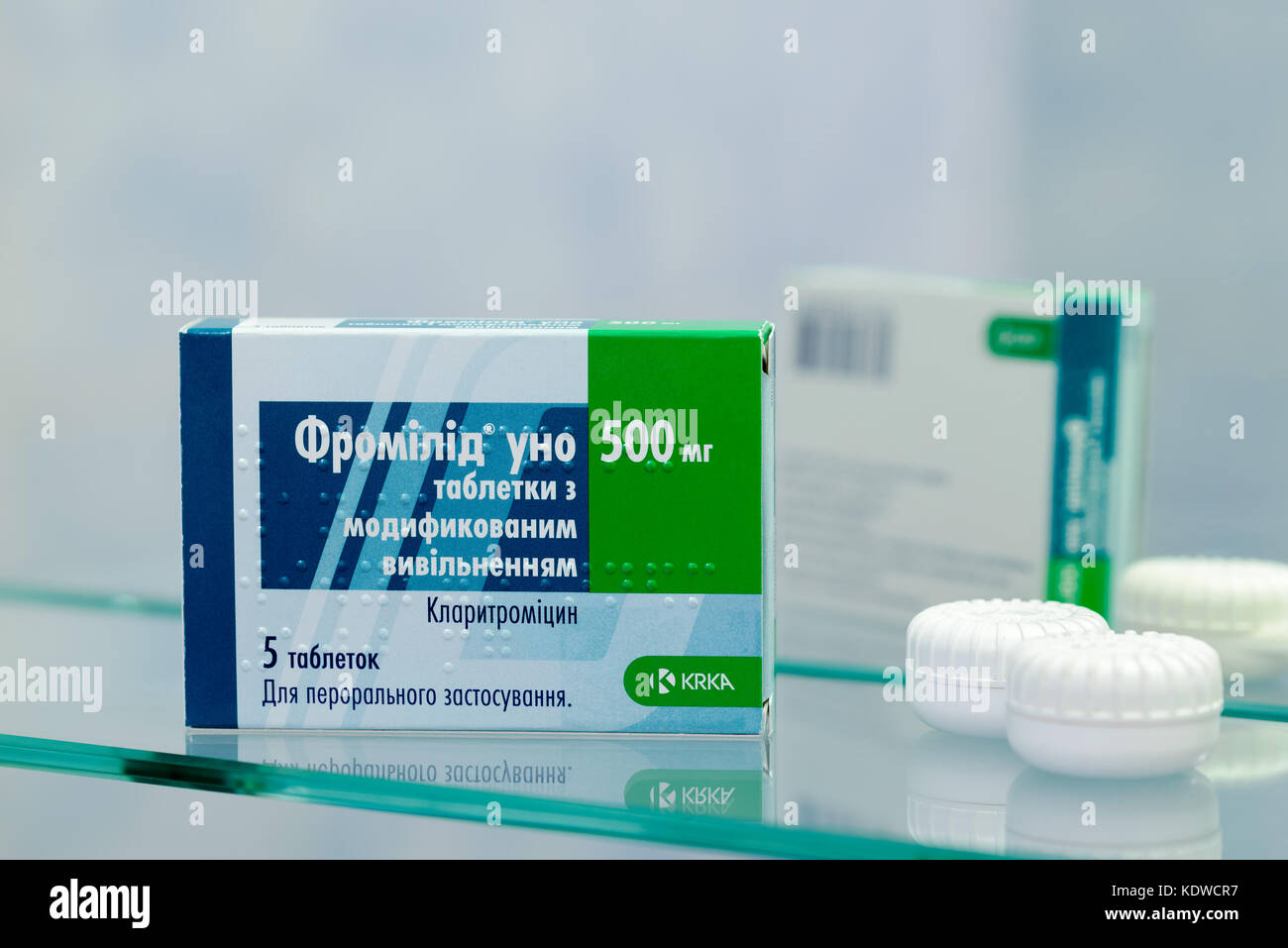 Kiev/Ukraine - August 27, 2017 - Box of Fromilid Uno, tablets of 500 mg. Semi-synthetic macrolide antibiotic explaining the human body by inhibiting t Stock Photo
