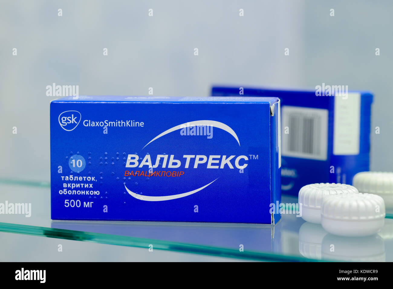 Kiev/Ukraine - August 27, 2017 - Box of Valtrex tablets of 500 mg. Antiviral used to cure herpes siplex and genital herpes Stock Photo