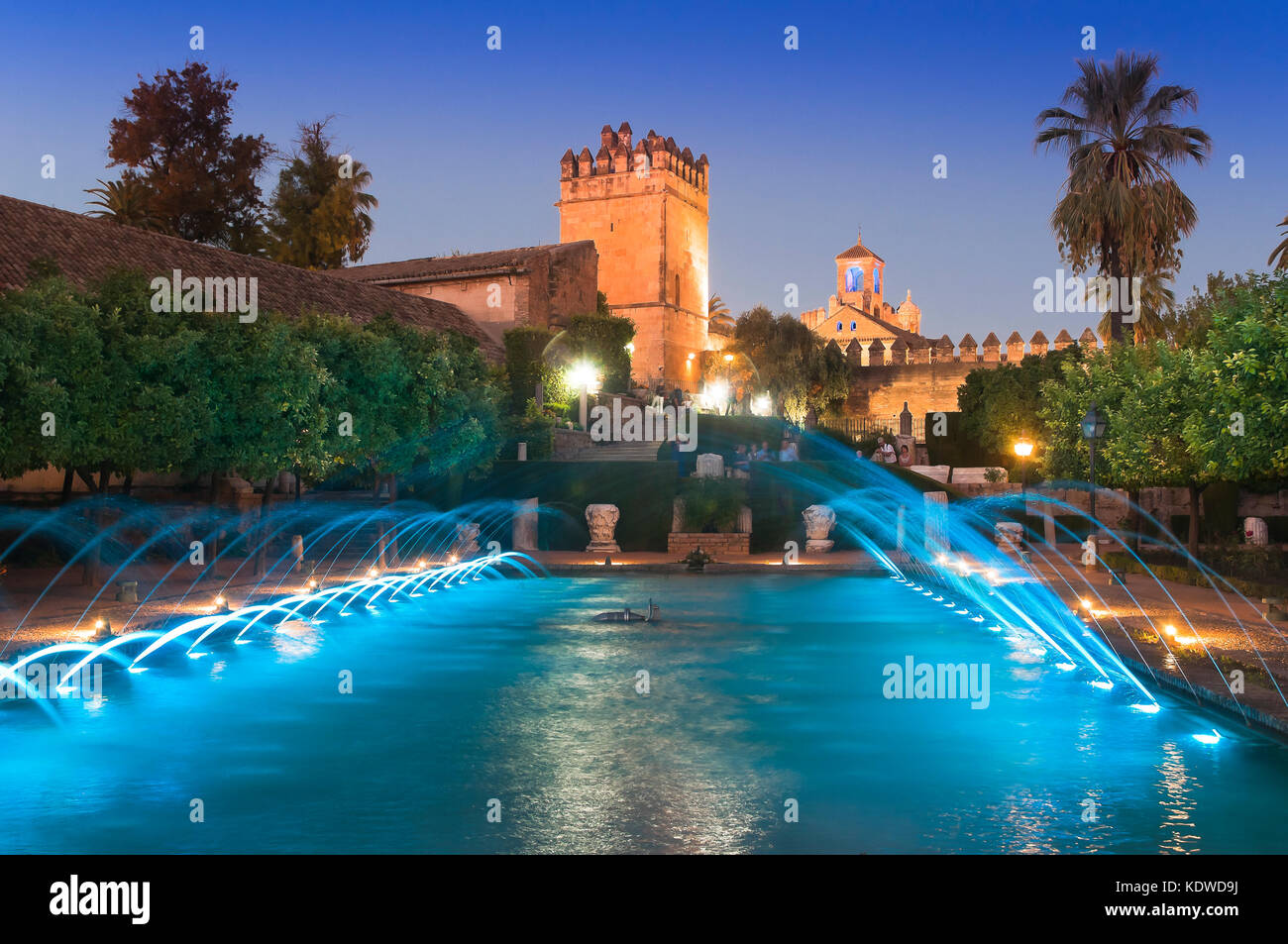 Alcazar de los Reyes Cristianos, Ponds and gardens at dusk, Cordoba ...