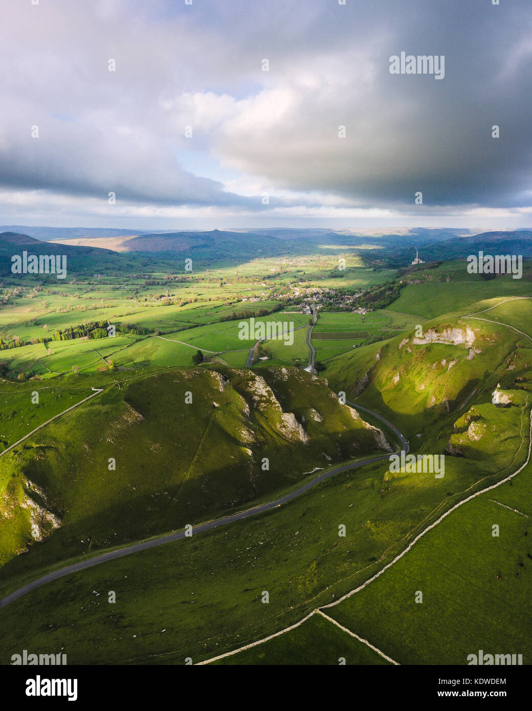 A drone view from high above Winnats pass in Derbyshire, England Stock Photo