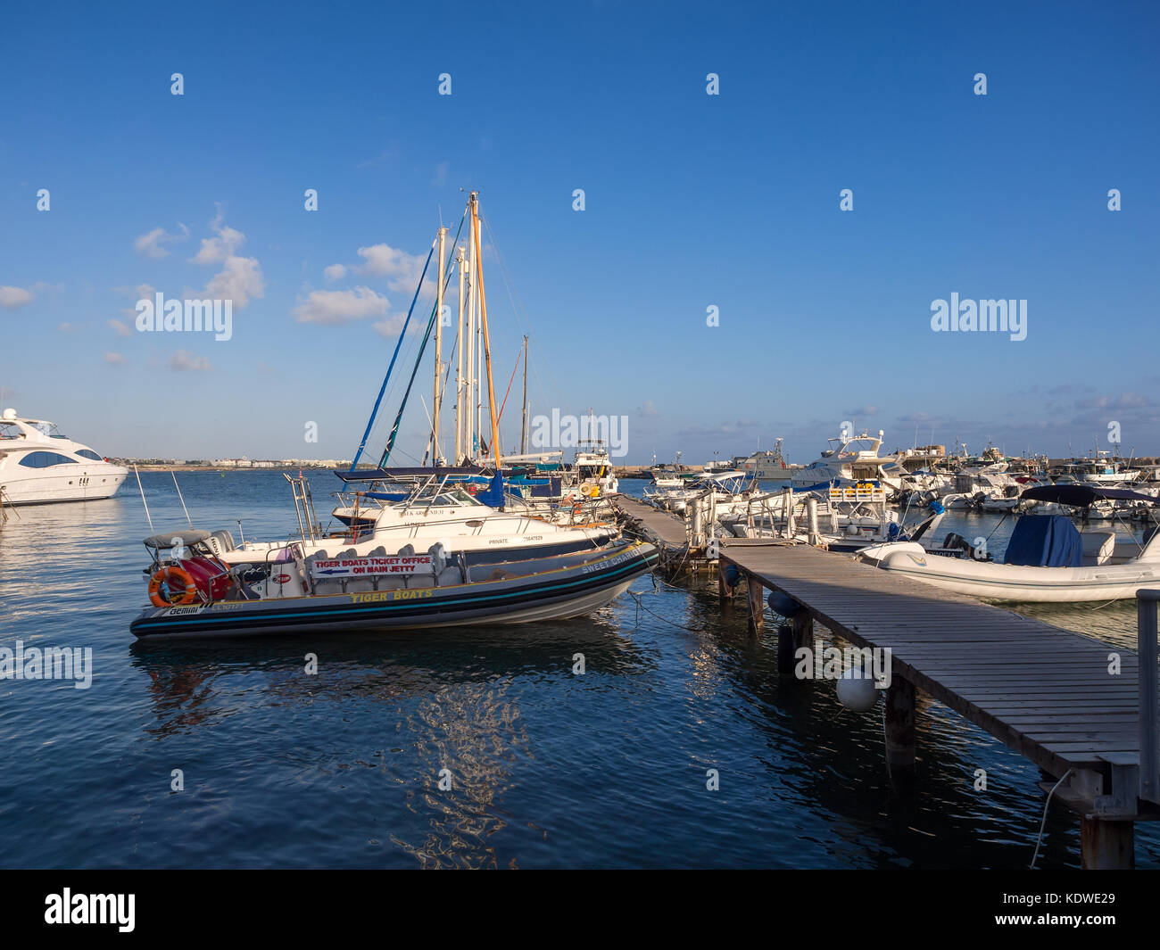 Paphos, Cyprus - July 18, 2016: Recreational boats and yachts moored at a harbor Stock Photo