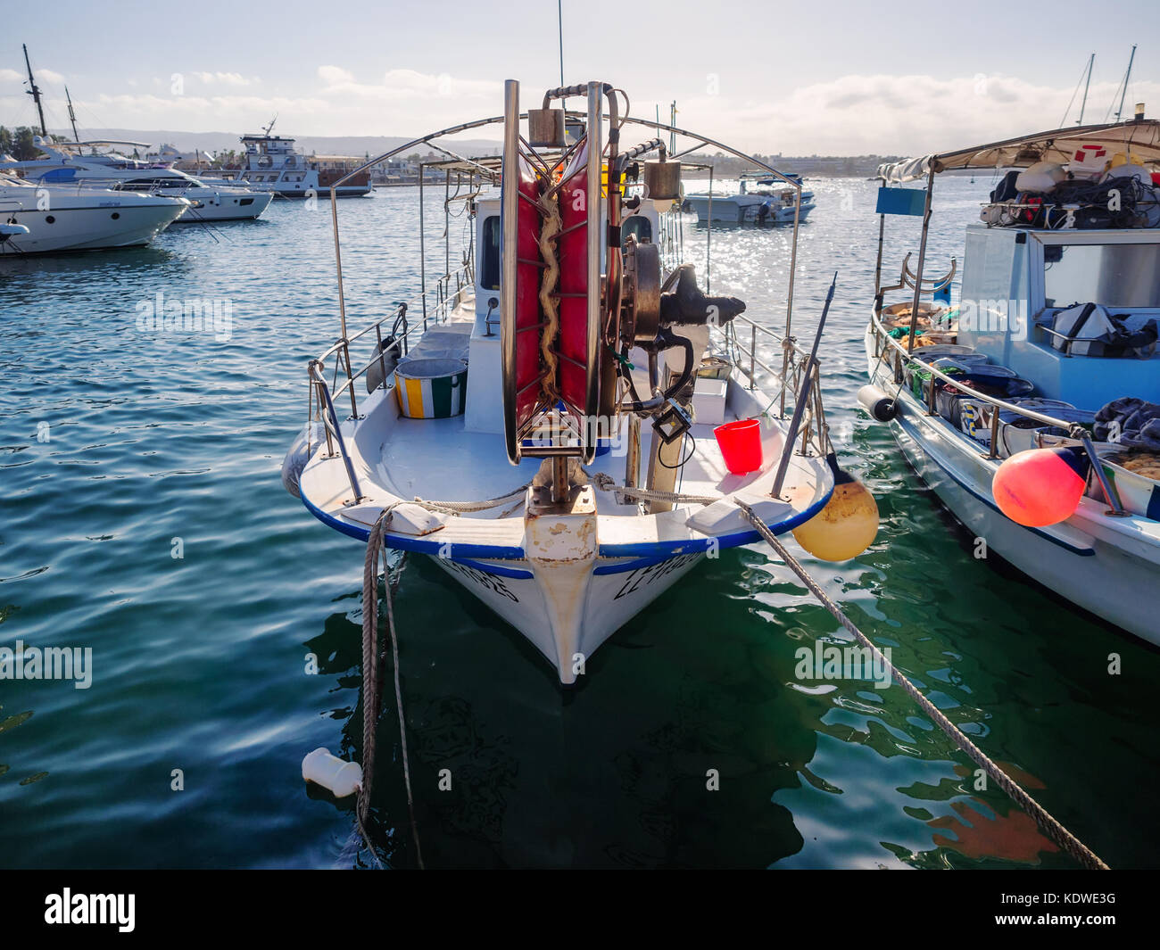 Paphos (Pafos), Cyprus - July 19, 2016: Traditional fishing boat moored in a harbour Stock Photo
