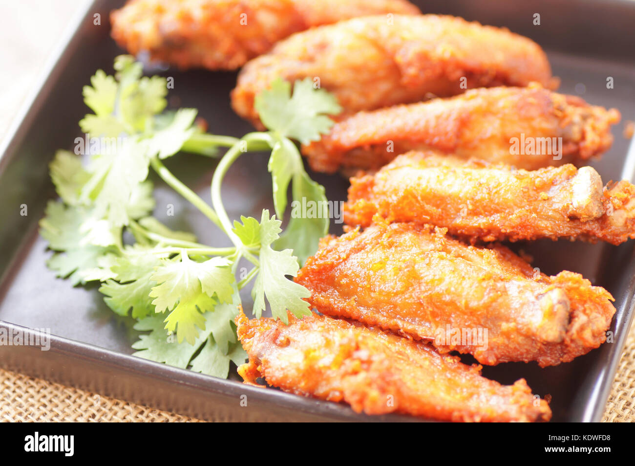 Close up Spicy Deep Fried Breaded Chicken Wings with Ranch and