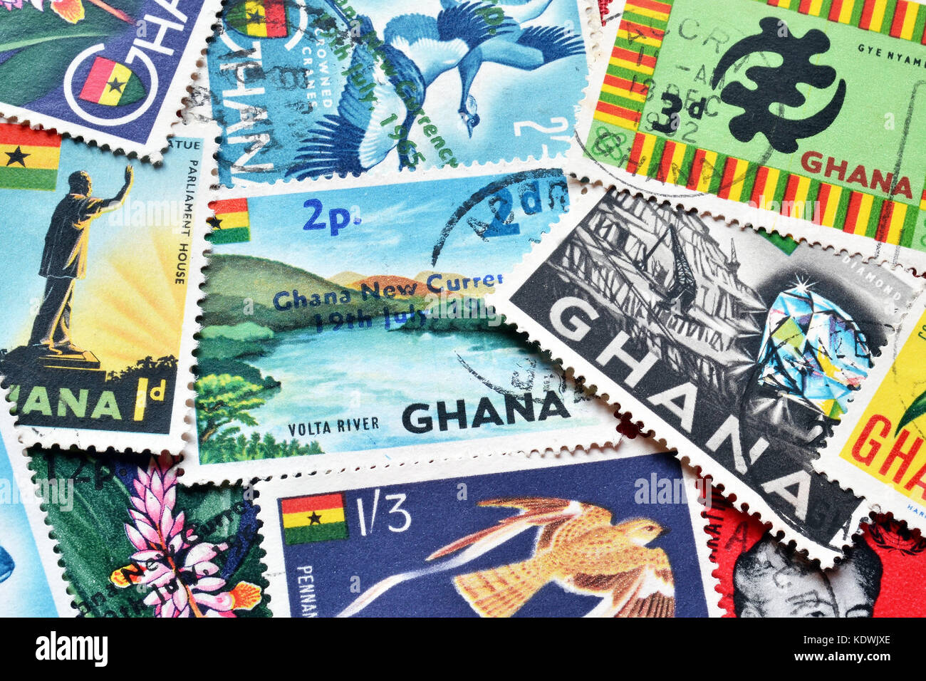 Cancelled postage stamps printed by Ghana that show different motives from Ghana. Stock Photo