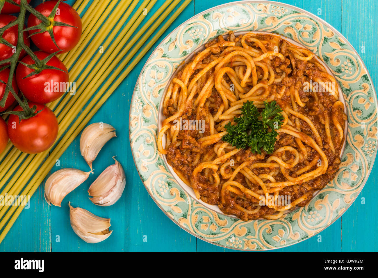 Italian Style Spaghetti Bolognese Meal With a Rich Beef Sauce On A Blue