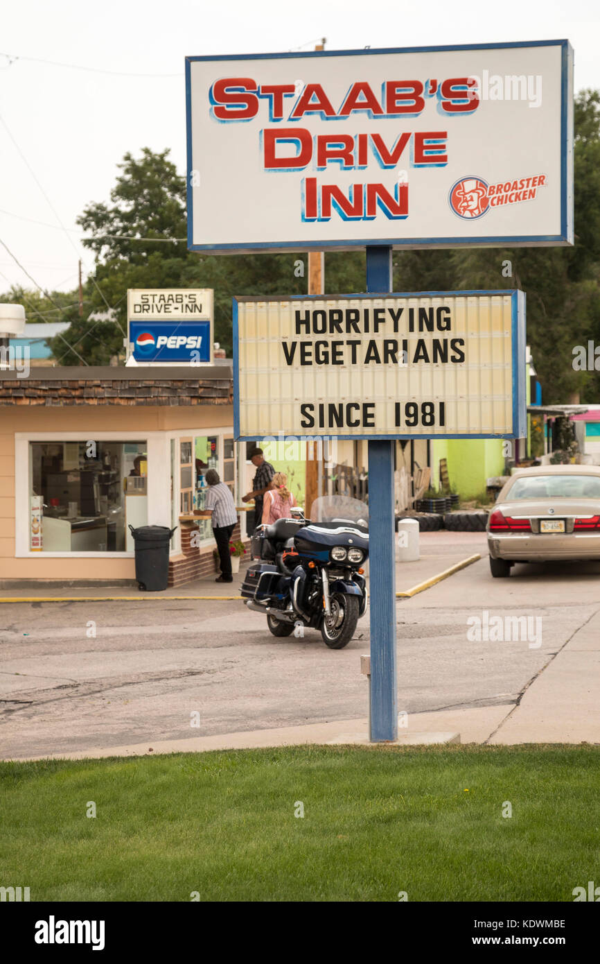 Crawford, Nebraska - Staab's Drive Inn, which advertises, 'Horrifying Vegetarians since 1981.' Stock Photo