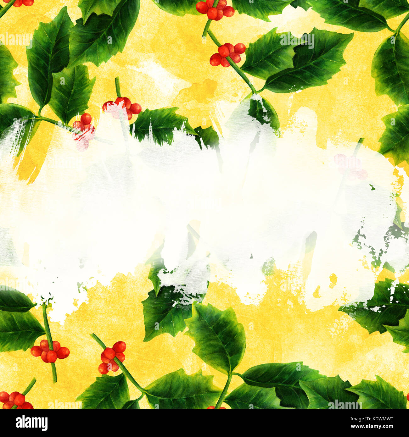 A golden watercolor background with a drawing of a Christmas holly and ...