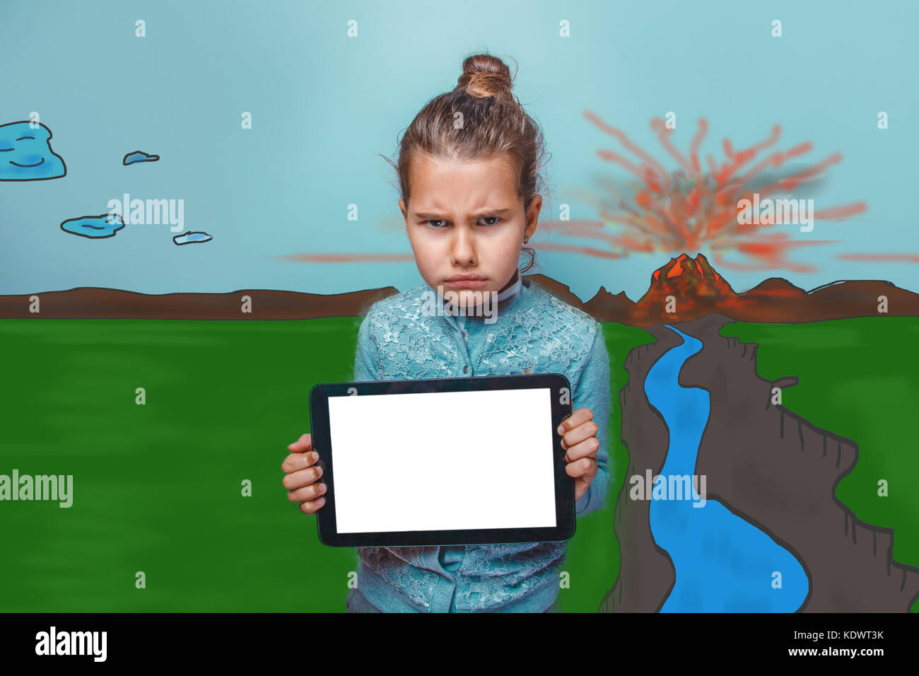 Teen Girl Holding A Plate With A White Screen And Frowned Annoye Stock Photo Alamy