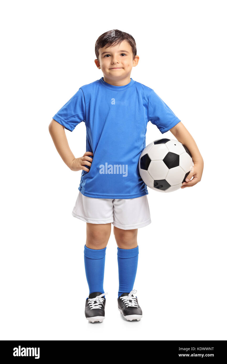 Full length portrait of a little footballer isolated on white background Stock Photo