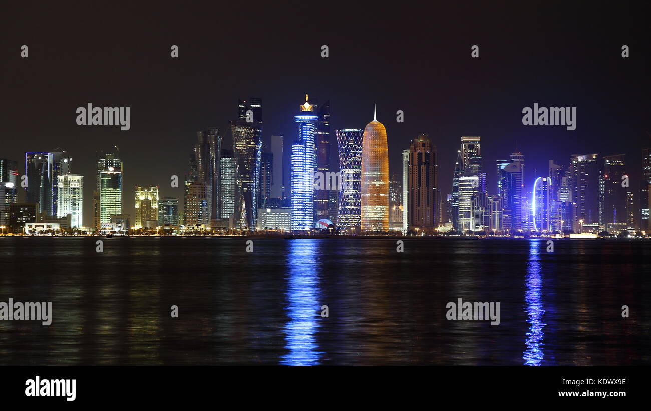 Night skyline of Doha Newtown, Qatar Stock Photo