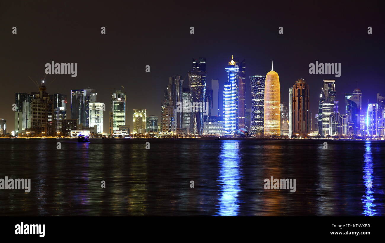 Night skyline of Doha Newtown, Qatar Stock Photo