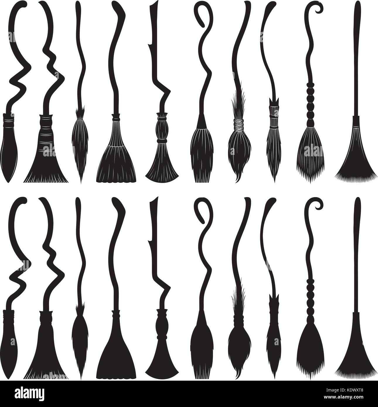 Set of different witch brooms isolated on white Stock Vector