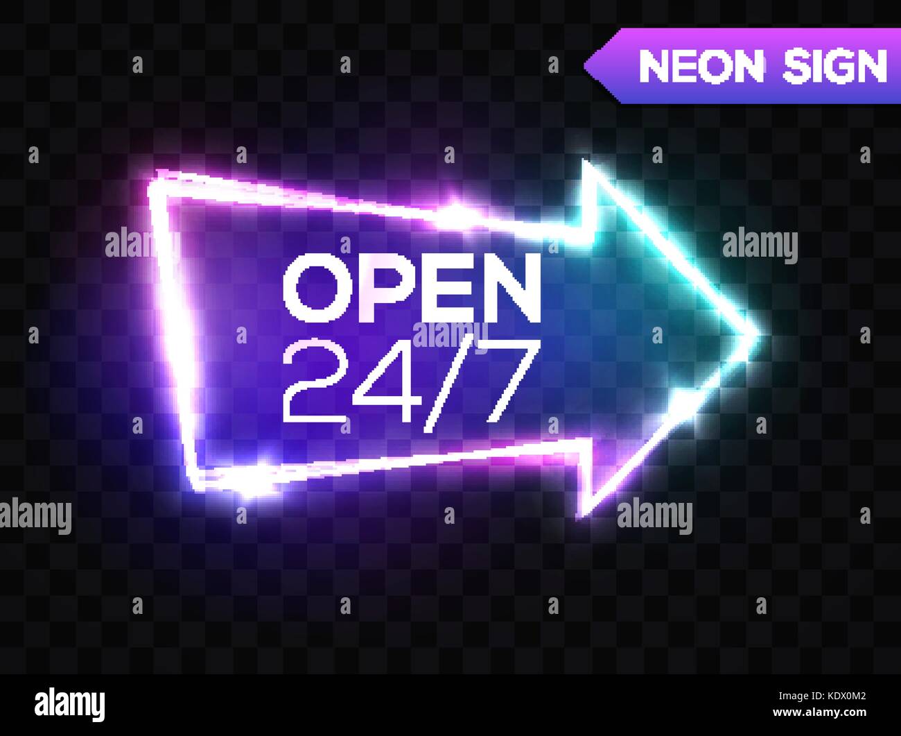 Open 24 7 Hours. Night Club Neon Sign. 3d Retro Light Bar Arrow Pointer. Neon Effect. Techno Frame On Transparent Background. Electric Street Banner Design. Colorful Vector Illustration in 80s Style. Stock Vector