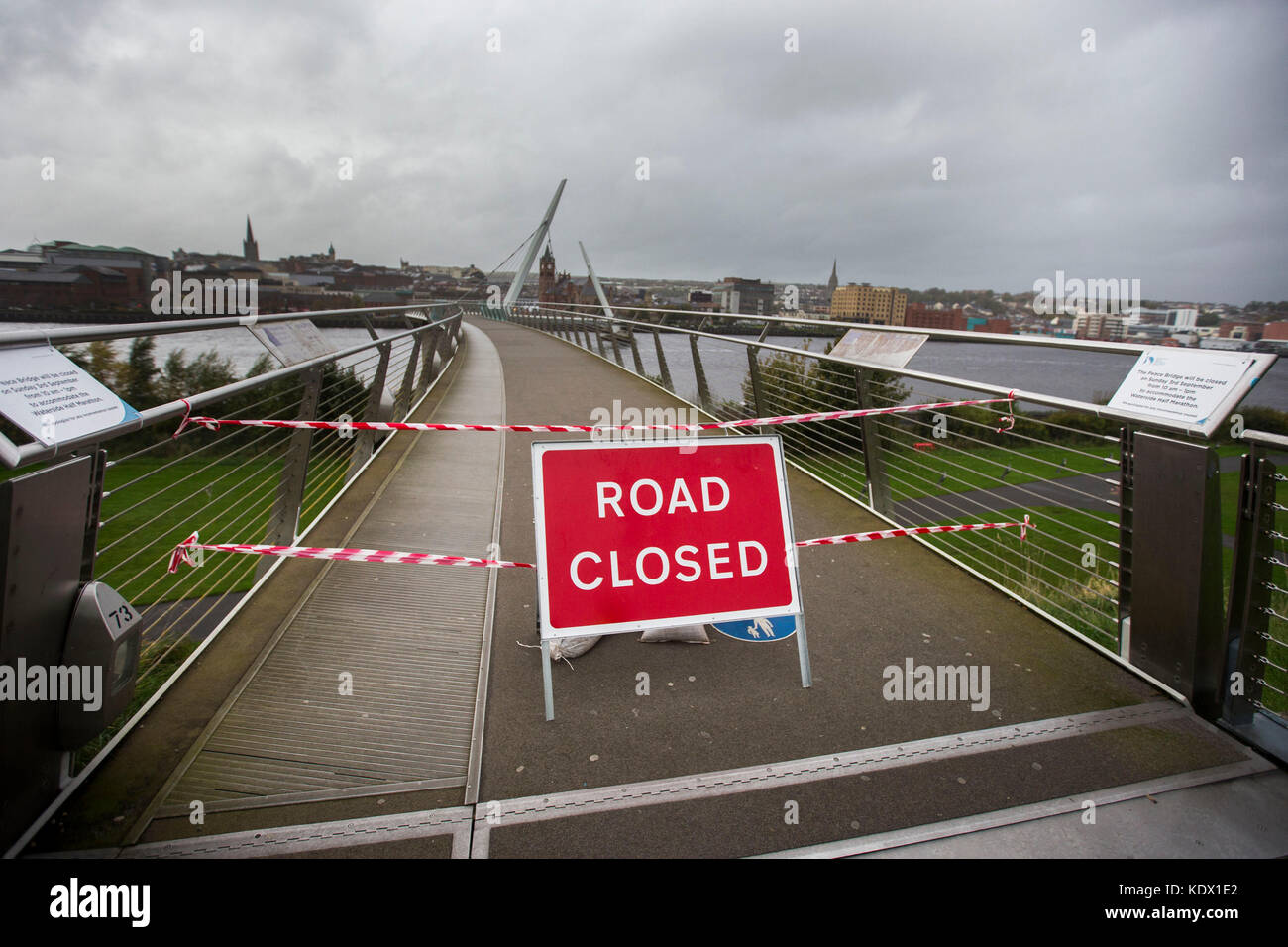 A closure sign on the Peace Bridge in Londonderry, as Hurricane Ophelia hits the UK and Ireland with gusts of up to 80mph. Stock Photo