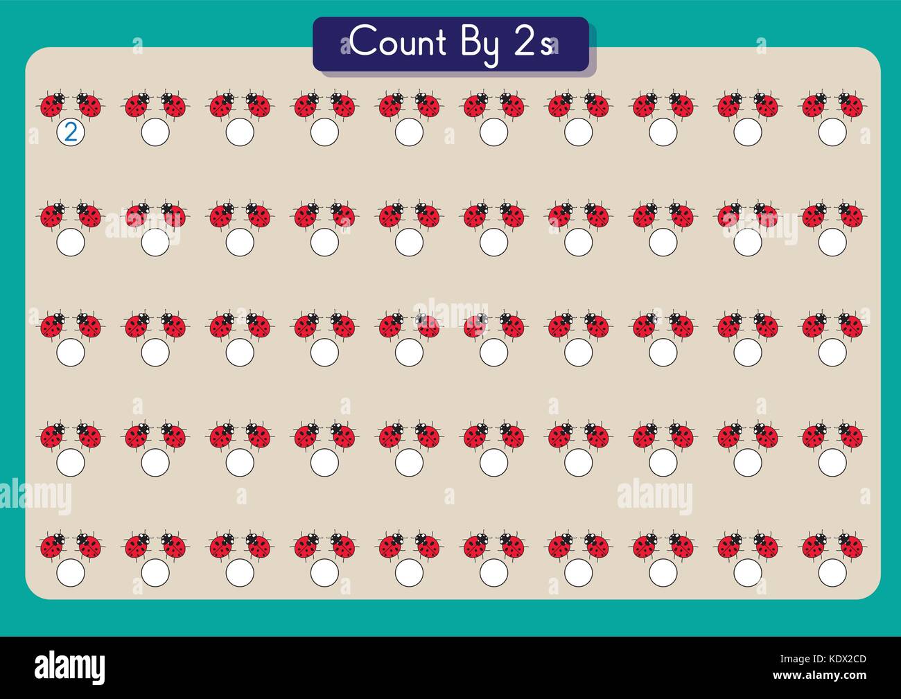 counting by 2's, write the missing numbers, skip counting worksheet Stock Vector