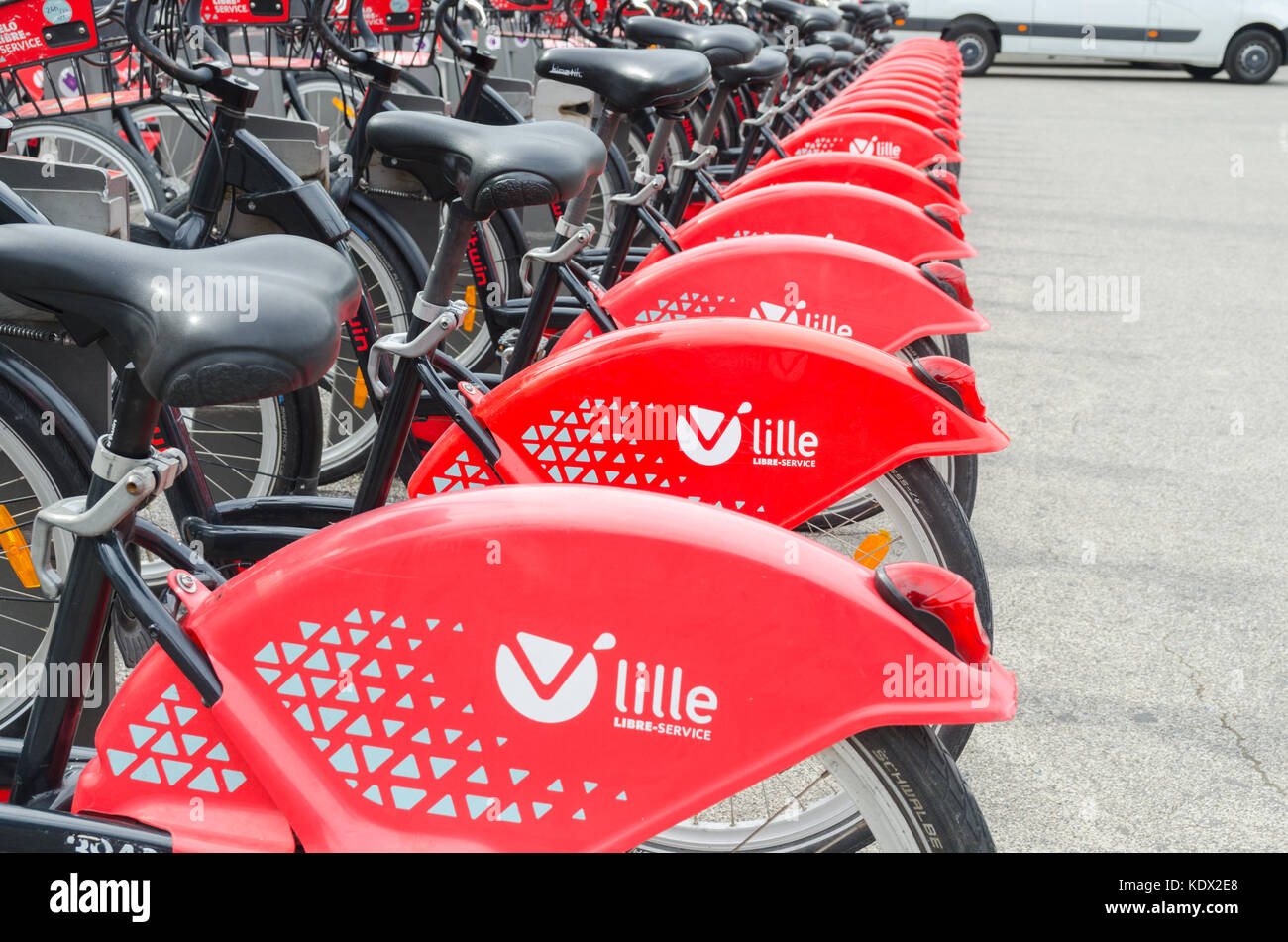 Long line of self-service bicycles in the French city of Lille Stock Photo