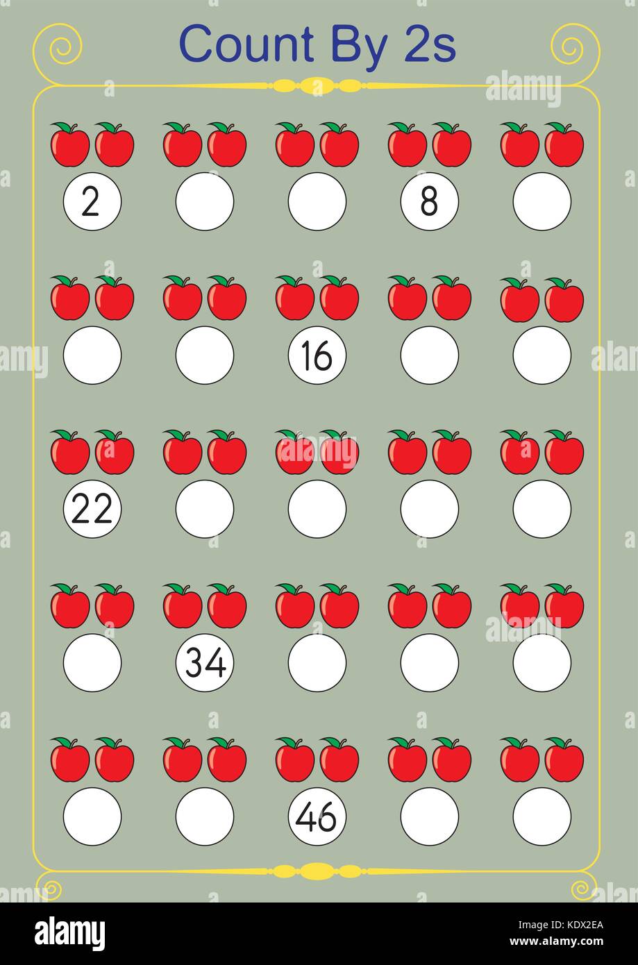 counting by 2's, write the missing numbers, skip counting worksheet Stock Vector