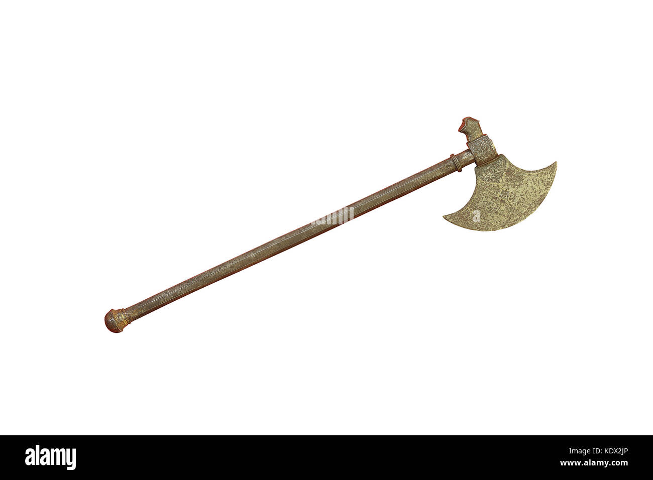 ancient pole ax isolated over white background, handmade historic object for your design Stock Photo