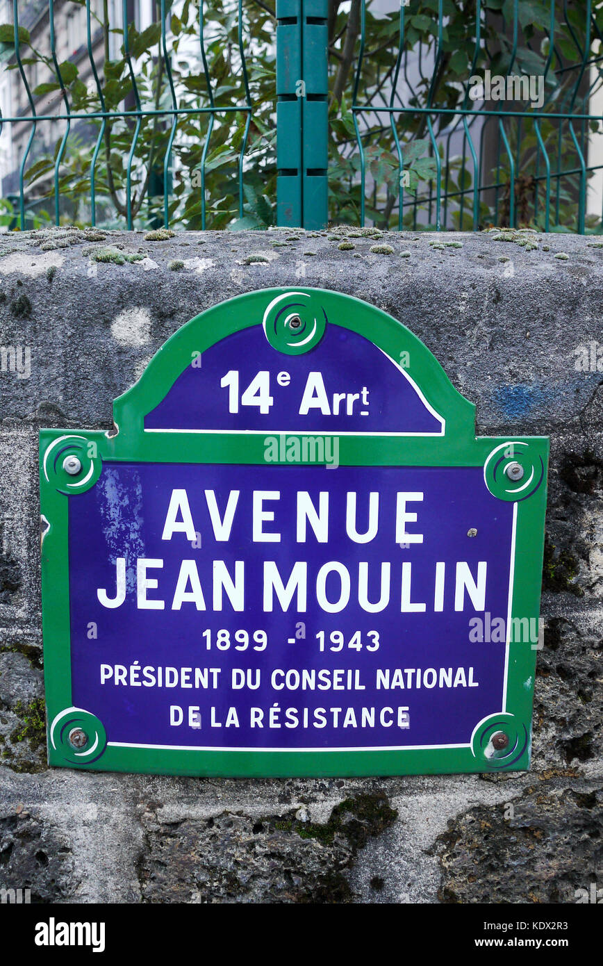Street plate on Jean Moulin avenue, 14th district, Paris, France Stock  Photo - Alamy