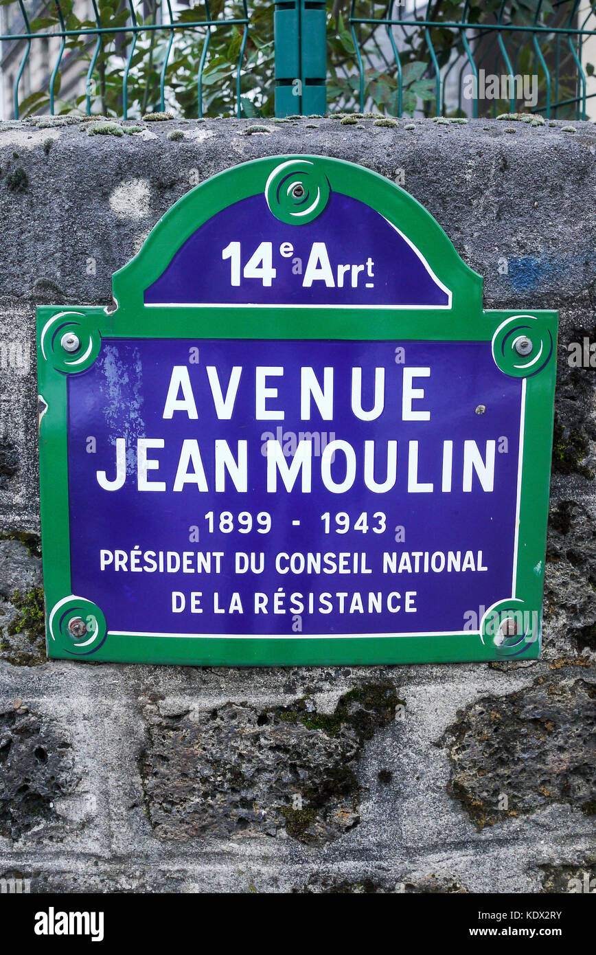 Street plate on Jean Moulin avenue, 14th district, Paris, France Stock  Photo - Alamy