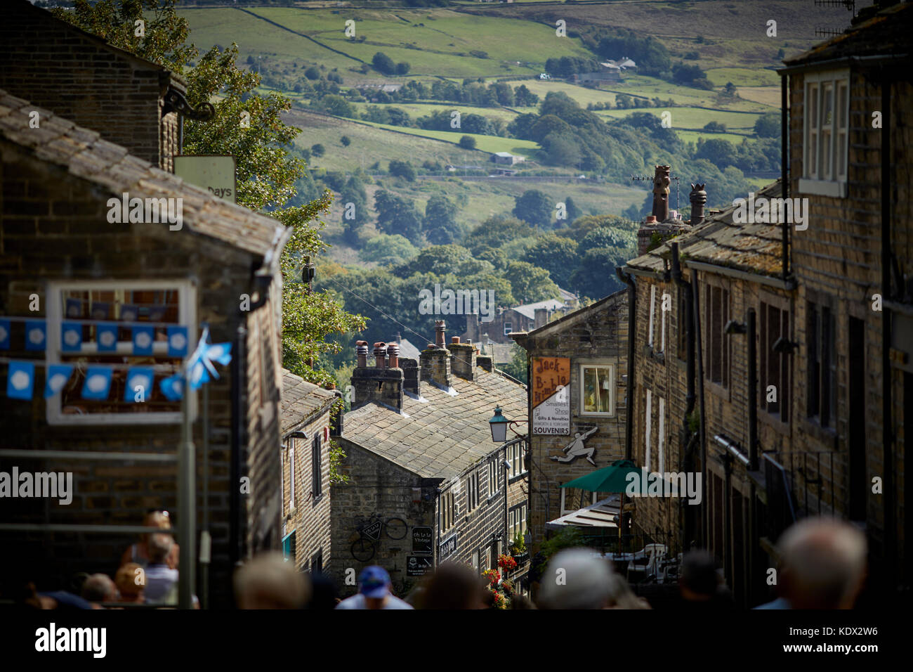 Pennines village, Haworth in West Yorkshire, England. terraced cottages and businesses on the