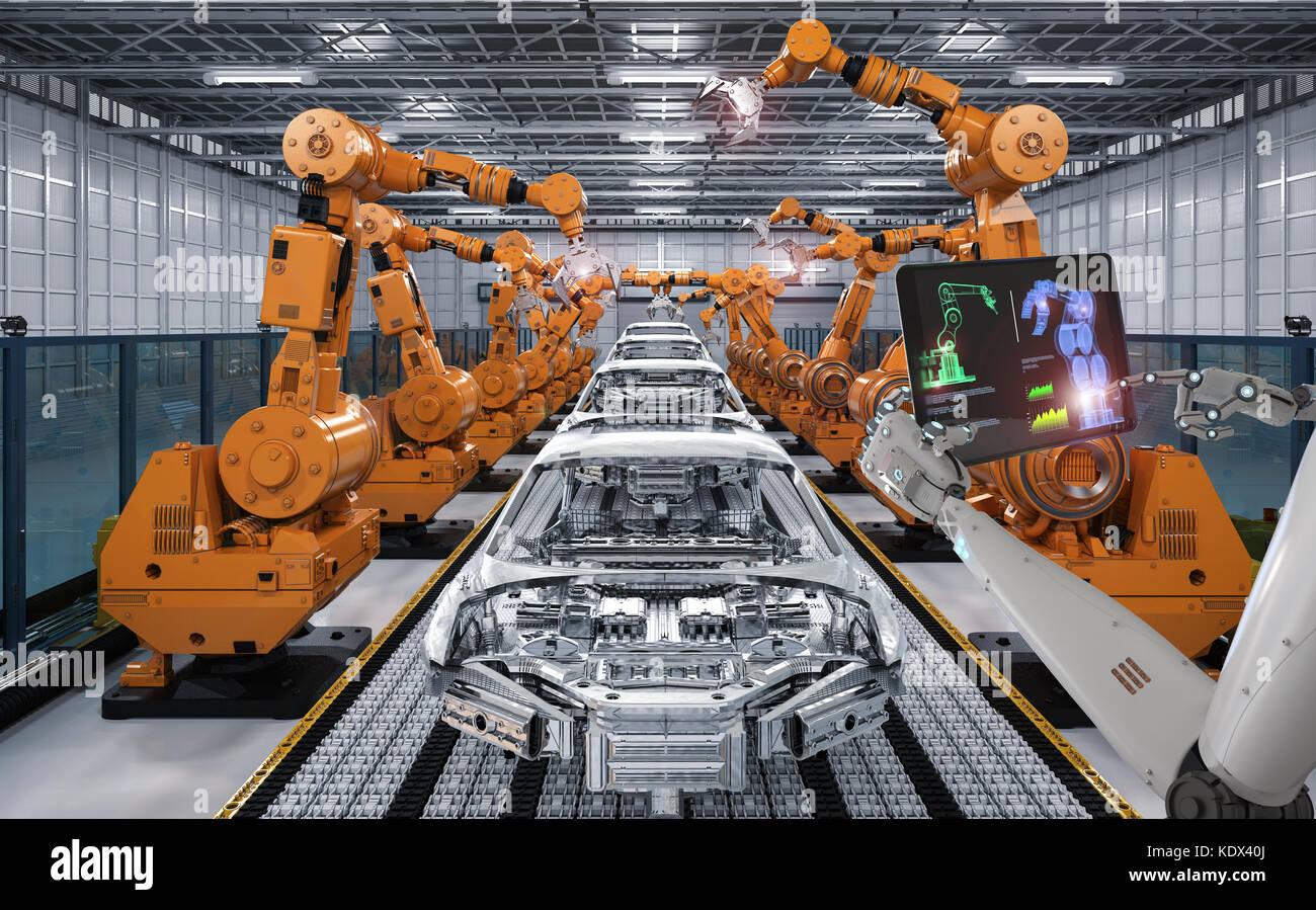 3d rendering cyborg control robot assembly line in car factory Stock Photo  - Alamy