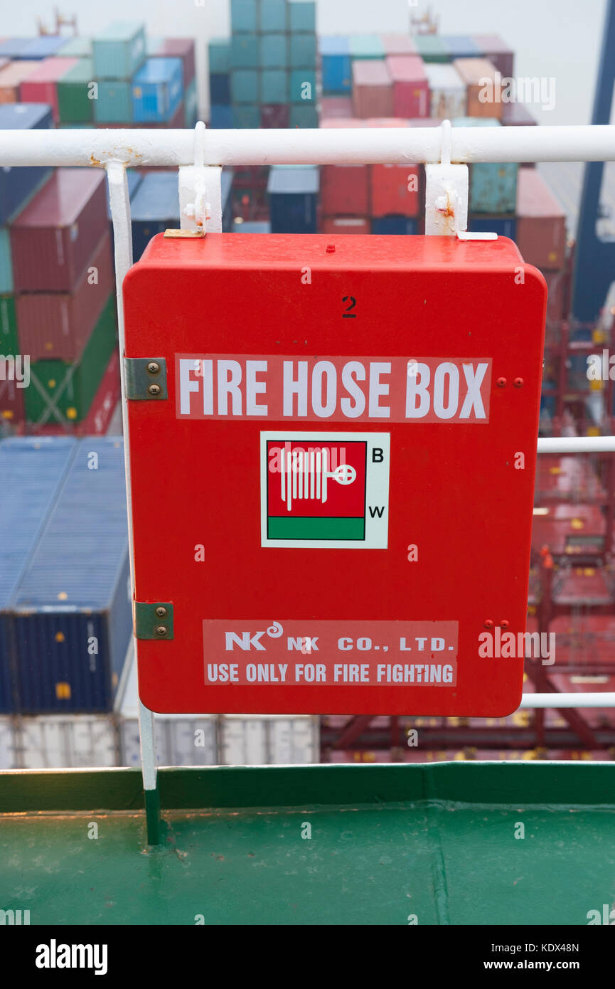 Fire hose box on a container ship's deck Stock Photo Alamy