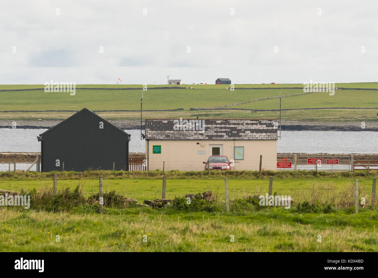 Westray Airport in the foreground and Papa Westray Airport on the horizon, Orkney Islands, Scotland, UK Stock Photo