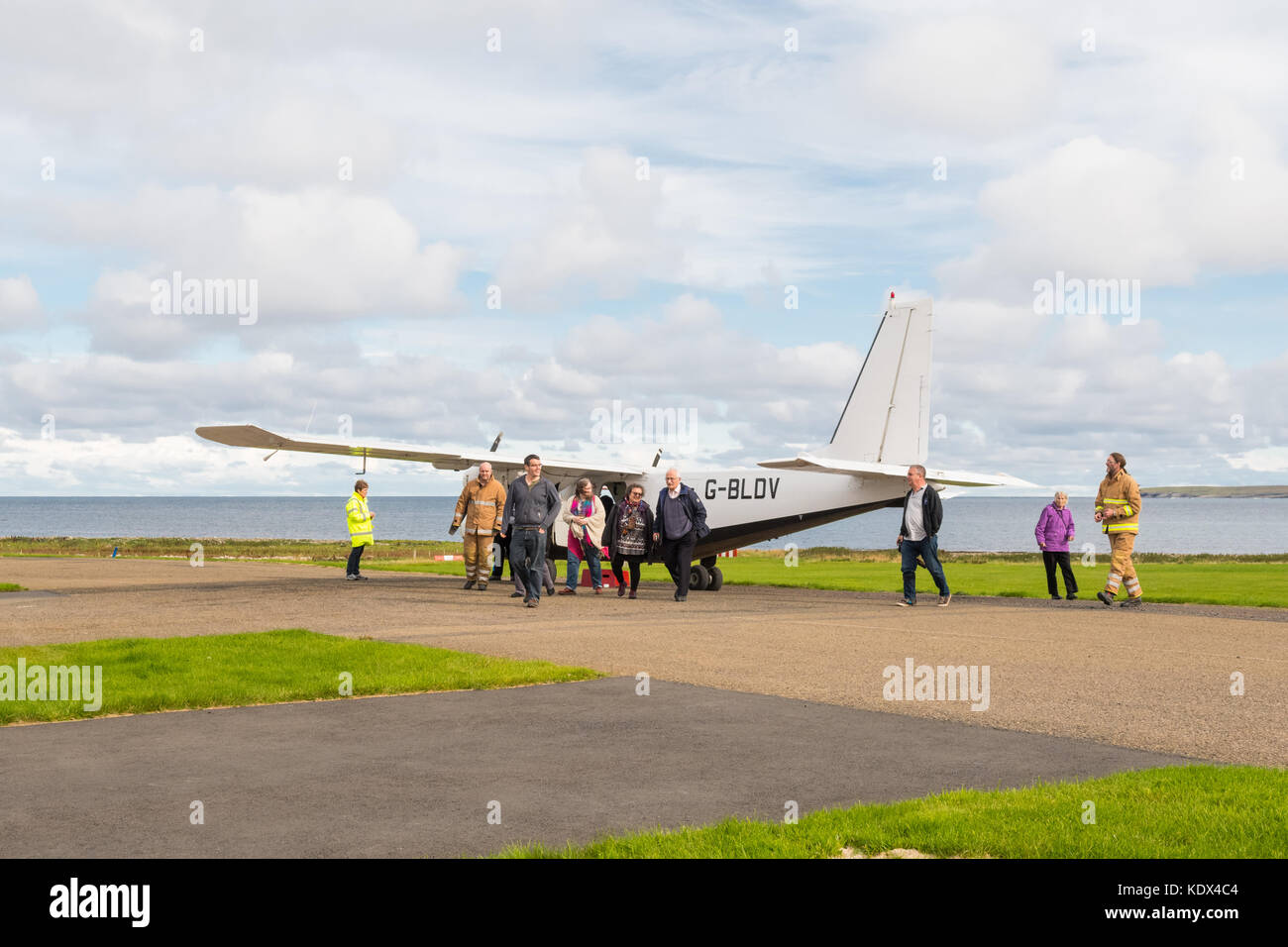 Loganair plane at Westray airport after flying from Papa Westray, Orkney Islands, Scotland, UK Stock Photo